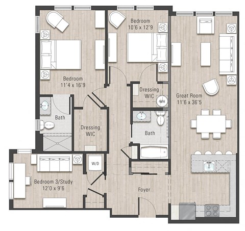 Floor plan for 3 beds, 2 baths, 1280 sqft